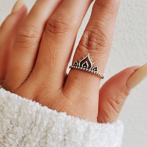 Sterling Silver Beaded Ring, Henna Mandala Ring, 925 Stamped, Minimalist Ring, - Picture 3 of 9